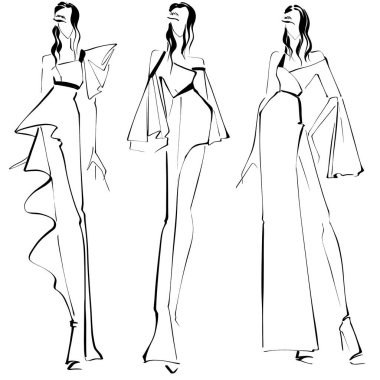 Beyaz bir arka plan üzerinde eskiz tasviri Akşam giysili bir kadın, kolay bir moda illüstrasyonu.