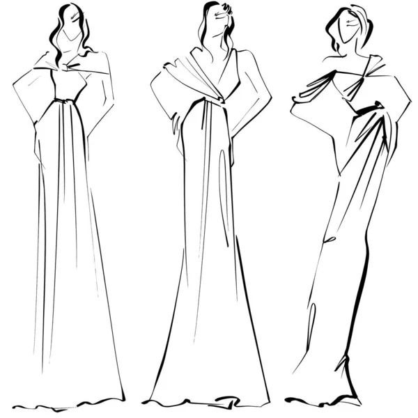 白い背景にスケッチファッションイラスト夜のドレスクロッキーの女性は ファッションイラストの簡単なスタイル — ストック写真