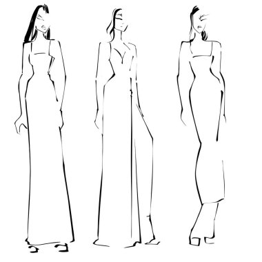 Beyaz bir arka plan üzerinde eskiz tasviri Akşam giysili bir kadın, kolay bir moda illüstrasyonu.