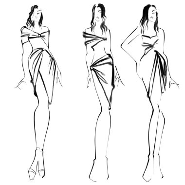   Beyaz bir arka plan üzerinde eskiz tasviri Akşam giysili bir kadın, kolay bir moda illüstrasyonu.