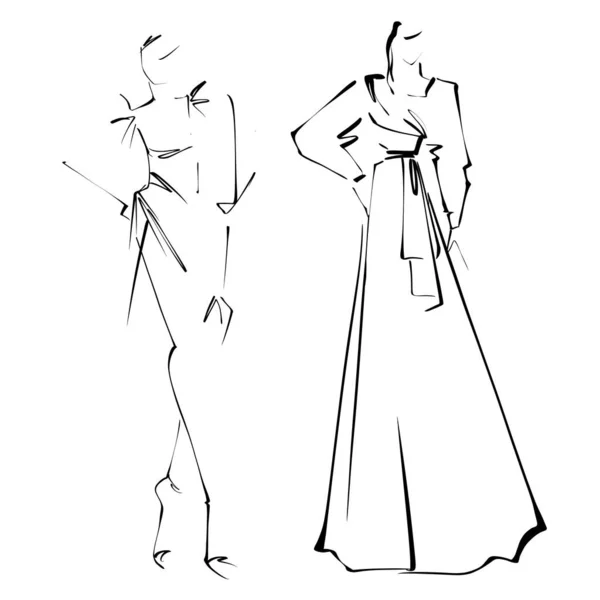Sketch Fashion Ilustracja Białym Tle Kobieta Wieczorowej Sukience Croquis Łatwy — Zdjęcie stockowe