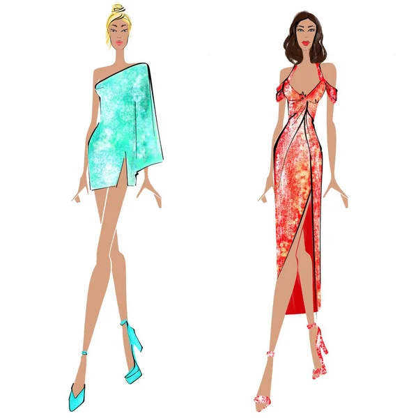 Sparkle Outfits Fashion Illustration Vit Bakgrund Kvinna Aftonklänning Skiss — Stockfoto