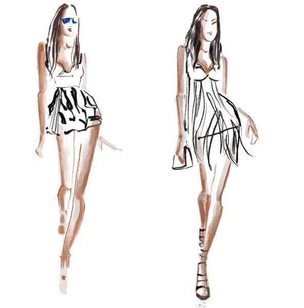 Frauen Stylischen Outfits Skizze Fashion Event Illustration Auf Weißem Hintergrund — Stockfoto