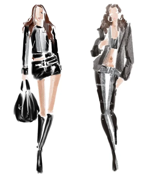 Kvinnor Snygga Kläder Skiss Mode Händelse Illustration Vit Bakgrund Krokis — Stockfoto