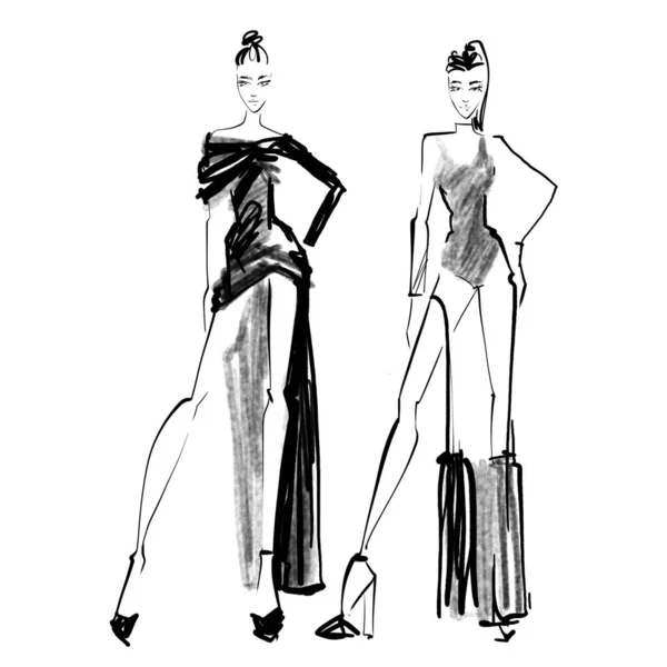 白い背景にスケッチファッションイラスト夜のドレスクロッキーの女性は ファッションイラストの簡単なスタイル — ストック写真