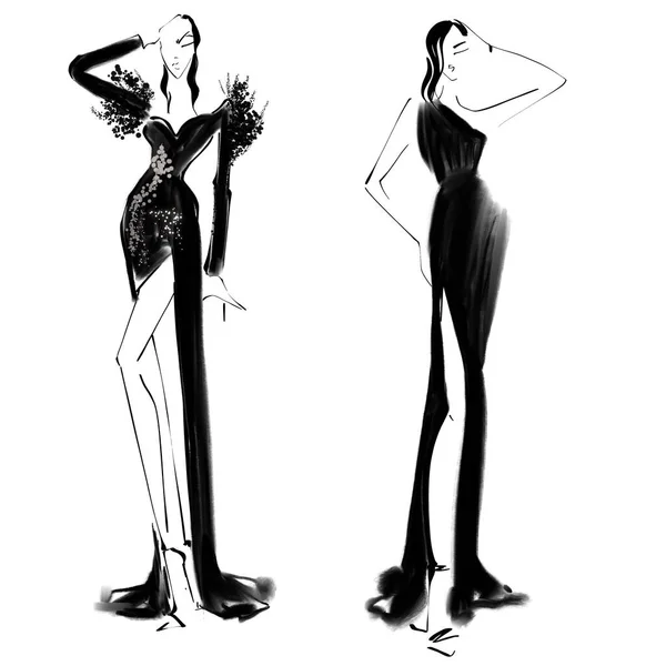 Sketch Fashion Ilustración Sobre Fondo Blanco Mujer Vestido Noche Croquis — Foto de Stock