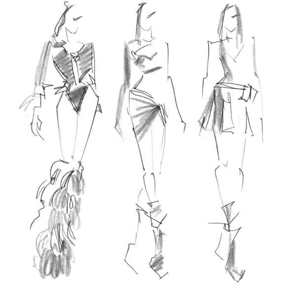 Kvinnor Snygga Kläder Skiss Mode Händelse Illustration Vit Bakgrund Krokis — Stockfoto