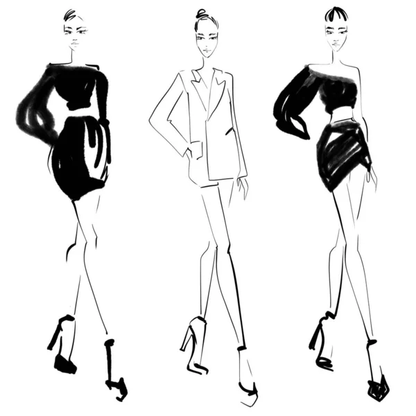Εικονογράφηση Μόδας Sketch Λευκό Φόντο Γυναίκα Βραδινό Φόρεμα Croquis Ένα Εικόνα Αρχείου