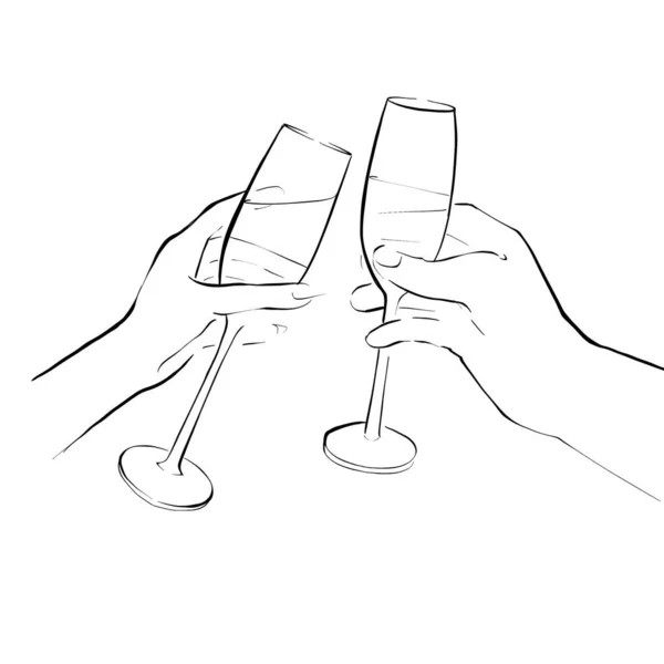 Sklenice Šampaňského Ruce Dvě Ruce Bílém Pozadí Ilustrace Stylu Čáry — Stock fotografie