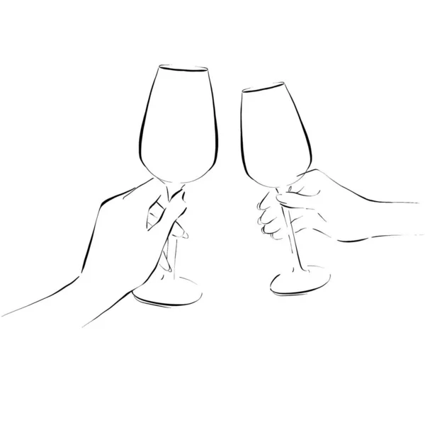 Sklenice Šampaňského Ruce Dvě Ruce Bílém Pozadí Ilustrace Stylu Čáry — Stock fotografie