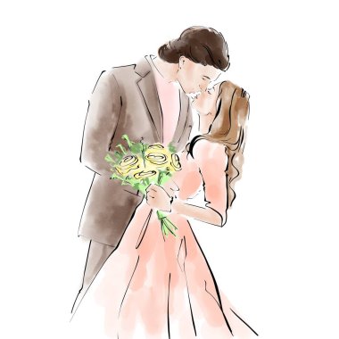 Öpüşen adam ve kadın. Düğün çizimi.