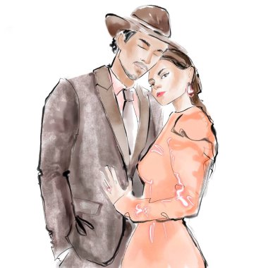 Öpüşen adam ve kadın. Düğün çizimi.