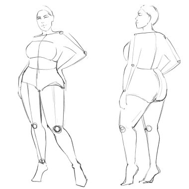 Kavisli moda şablonları. Kroki. Beyaz arka planda eğri bir modelin figürü. Artı boy kadın.. 