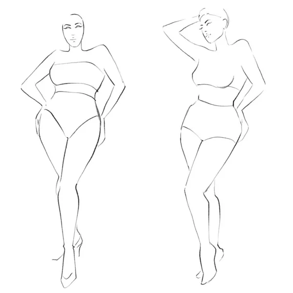 弯曲的时尚模板 Croquis 白色背景上的曲线模型的一个图形 加尺寸的女人 — 图库照片