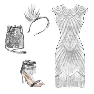 Renkli Moda İllüstrasyonu. Yeni Yıl Partisi için Kıyafet Görünümü Sanat Deko stili.