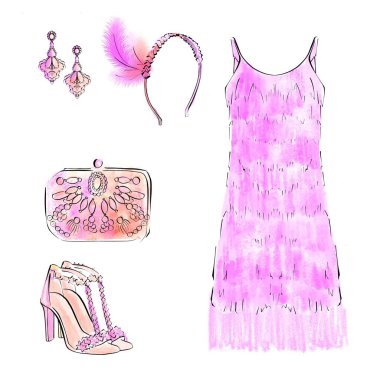 Renkli Moda İllüstrasyonu. Yeni Yıl Partisi için Kıyafet Görünümü Sanat Deko stili.