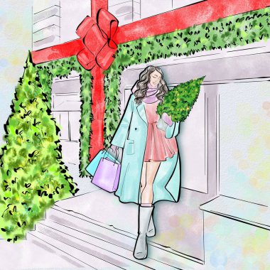 Elinde Noel ağacı ve alışveriş torbalarıyla bir kız. Kış tatili Tatil rutini. Noel öncesi alışveriş..