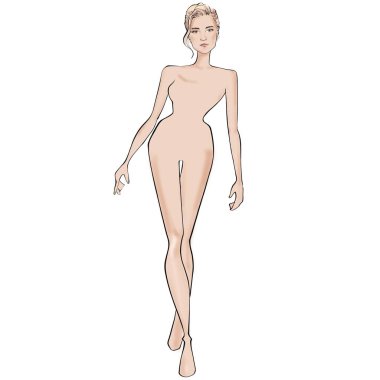 Moda şablonları. Kroki. Beyaz arka planda bir kadın figürü.