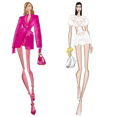 Ünlü tasarımcıdan giyinmiş beyaz bir kadının Moda Etkinliği.