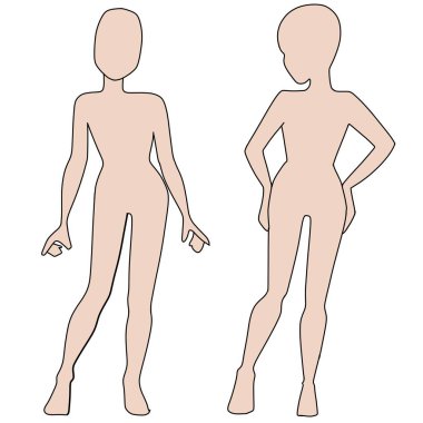 Moda şablonları Croquis 6-9 yaşlarındaki bir kız moda tasarımları için beyaz bir arkaplanda bir çocuk figürü çiziyor.