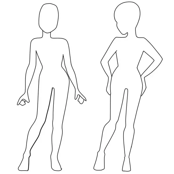 Moda şablonları Croquis 6-9 yaşlarındaki bir kız moda tasarımları için beyaz bir arkaplanda bir çocuk figürü çiziyor.