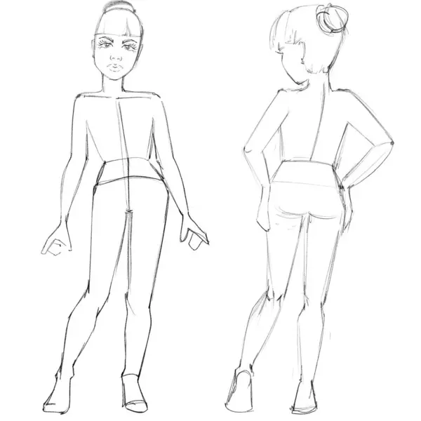 Moda şablonları Croquis 6-9 yaşlarındaki bir kız moda tasarımları için beyaz bir arkaplanda bir çocuk figürü çiziyor.