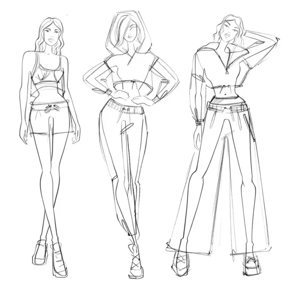 Spor kıyafetleri içindeki kadınlar moda tasarımcısı ve stilisti Sketch Fashion Illustration için yaz koleksiyonu fikirleri beyaz arka plan, croquis, kolay bir moda illüstrasyonu