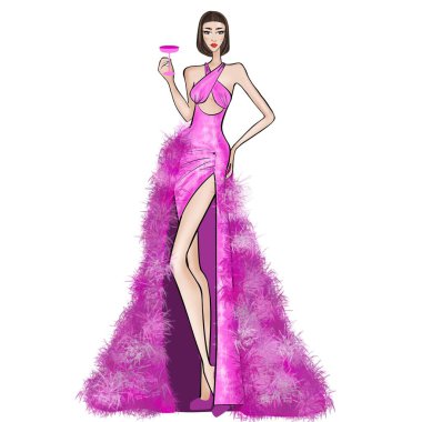 Beyaz bir arka planda moda illüstrasyonu. Pembe elbiseli bir kadın ve bir kadeh şarap. 