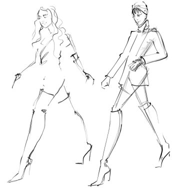 Şık giyinmiş kadınlar. Robot resim. Beyaz bir arkaplan, kroki ve basit bir moda illüstrasyonunda moda etkinliği.