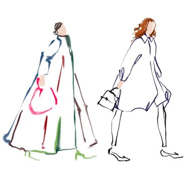 Sokak modası kıyafetleri moda tasviri. Beyaz arka planda, şık giyinen bir kadın. Croquis, basit bir moda tasviri..