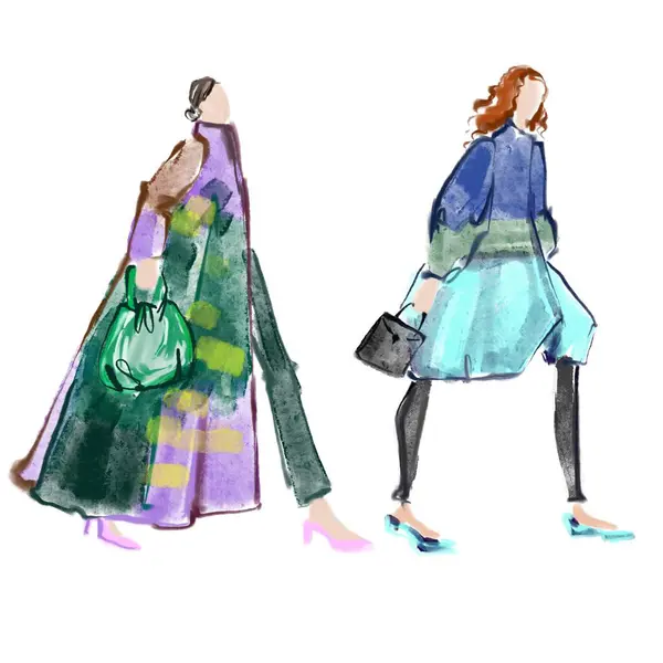 Sokak modası kıyafetleri moda tasviri. Beyaz arka planda, şık giyinen bir kadın. Croquis, basit bir moda tasviri..