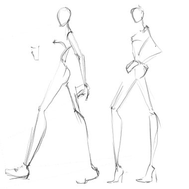 Moda şablonları. Kroki. Çizim kalıbı. Beyaz arka planda bir kadın figürü..