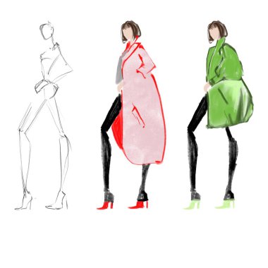 Sokak tarzı kıyafetler şık giyinmiş kadınlar. Robot resim. Sonbahar, kış kıyafetleri beyaz arka planda moda, kroki, basit bir moda çizimi..
