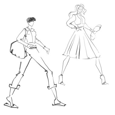 Moda şablonları. Kroki. Çizim kalıbı. Beyaz arka planda bir kadın figürü..