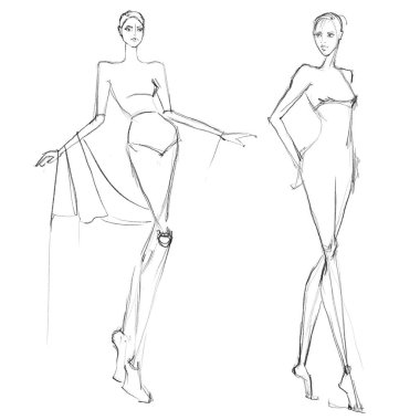 Moda şablonları. Kroki. Çizim kalıbı. Beyaz arka planda bir kadın figürü..