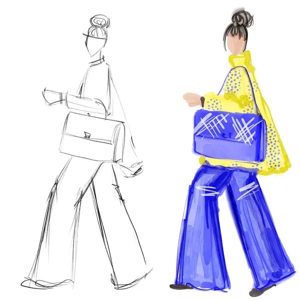 Sokak modası kıyafetleri moda tasviri. Beyaz arka planda, şık giyinen bir kadın. Croquis, basit bir moda tasviri..