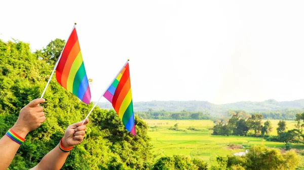 Bandera Lgbtq Sosteniendo Una Mano Para Llamar Mundo Respetar Diversidad — Foto de Stock