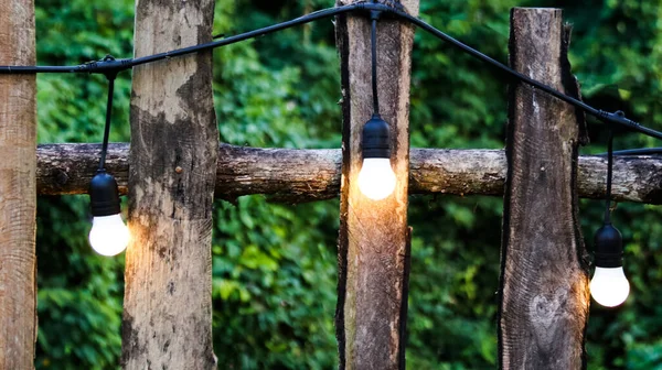 Маленькі Лампочки Прикрашені Дерев Яному Паркані — стокове фото