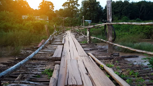 stock image Temporary Bamboo and wooden bridge which is built across the small creek in rural village