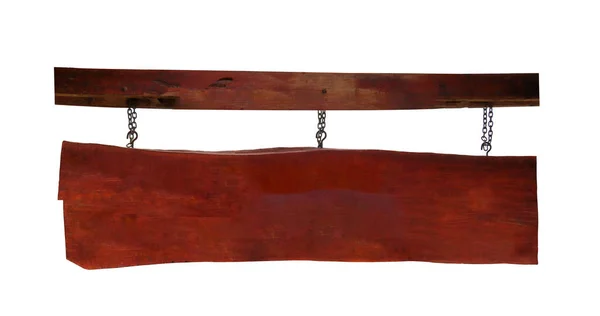 Paslı zincirlerde asılı boş kırmızı ahşap tabela beyaz arka planda kesme yolları ile izole                              