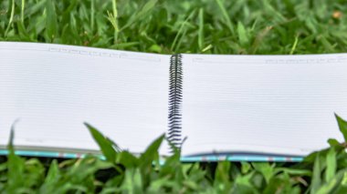 Çimlerin üzerinde kopyalama alanı olan beyaz defter kağıdı                              