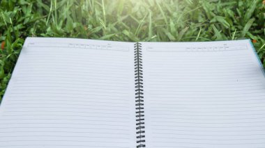 Çimlerin üzerinde kopyalama alanı olan beyaz defter kağıdı                              