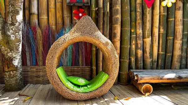 stock image Weaved bird's nest bed with green cushion on bamboo floor and background