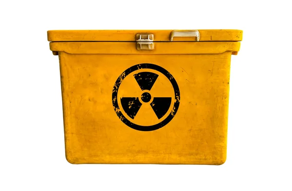 Sinal Radioativo Preto Recipiente Amarelo Isolado Com Caminhos Recorte Fundo — Fotografia de Stock