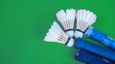 Beyaz badminton mekiği yeşil arka planda horoz ve raket tutuyor