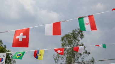 Mavi gökyüzü arka planında çeşitli ülke bayrakları                             