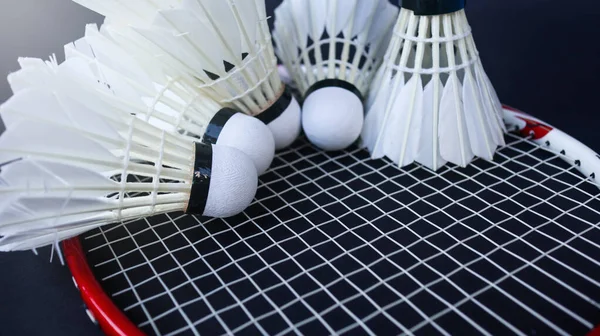 Badminton Shutter Cocks Were Put Racket Dark Background — Stock Photo, Image