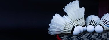 Badminton deklanşör horozları karanlık arka planda rakete kondu.                                            