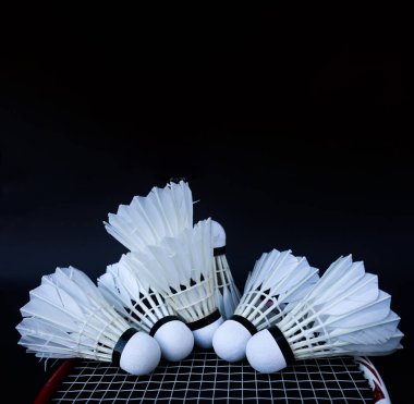 Badminton deklanşör horozları karanlık arka planda rakete kondu.                                            