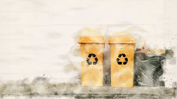 Artificial painting of yellow recycle bins and black waste plastic bag on dark ground and white wall in background concept of recycle wast